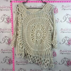 Ultra Pink Cream Crochet Open-Knit Tunic knit dual fabric crochet boho